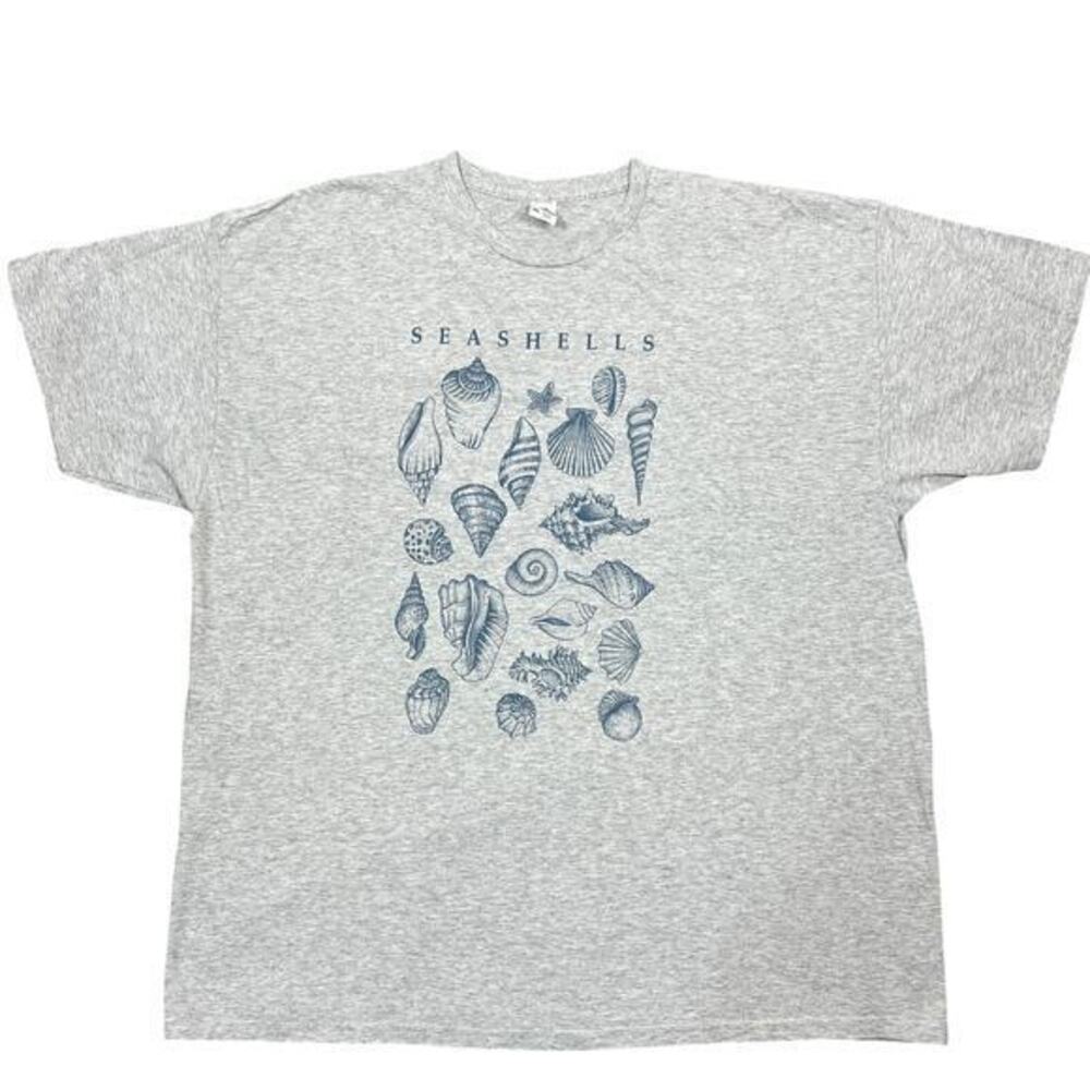 Seashell Beachy T-Shirt Unisex 2XL Gray Blue S/S Crewneck Coastal Resort Marine
